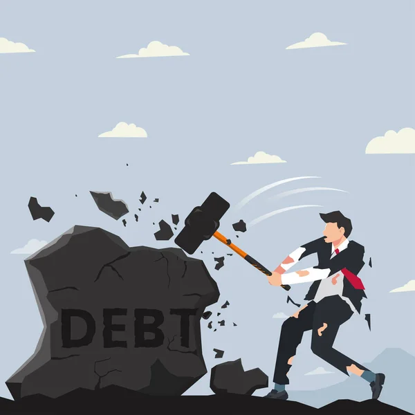 Vecteur Homme Affaires Rupture Roche Debt Par Grand Marteau Illustration — Image vectorielle