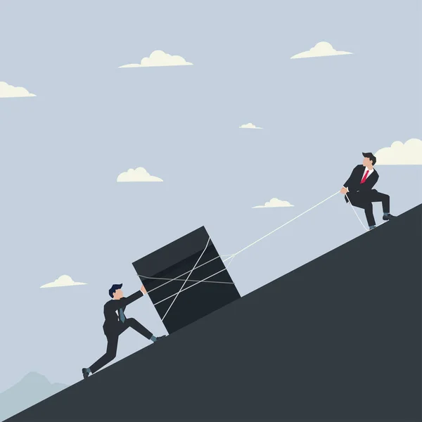 Twee Zakenmannen Duwen Grote Doos Heuvel Teamwork Concept Illustratie — Stockvector