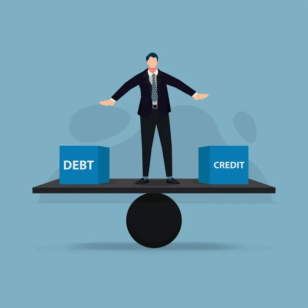 Zakenman Probeert Evenwicht Tussen Debt Credit Ontwerp Vector Illustratie — Stockvector