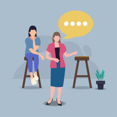 Bir kadın bir şeyi açıklarken başka bir kadın vektör illüstrasyonunun arkasında onu dinliyordu.