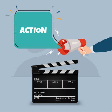 El ele tutuşup film sehpasıyla megafon yapın. Eylem tasarım vektör illüstrasyonuna başla