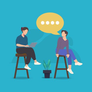 Arkadaşı ile sohbet ederken internette çalışan bir kadın. Ev vektörü illüstrasyonundan çalış