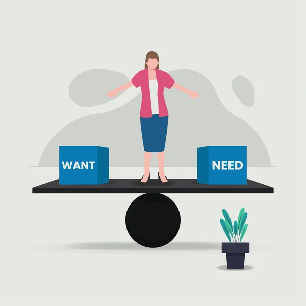 Mujer Negocios Tratando Equilibrar Entre Want Need Diseño Vector Ilustración — Vector de stock