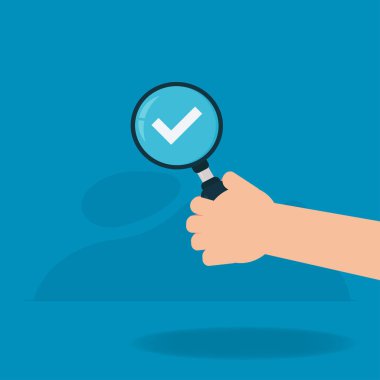 Kontrol işaretli ya da onaylanmış sembol tasarım vektörlü büyüteç