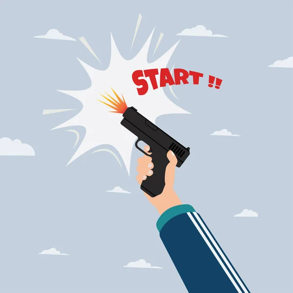 Hand Holding Handgun Firing Start Word Start Game Sport Competition — Stock Vector