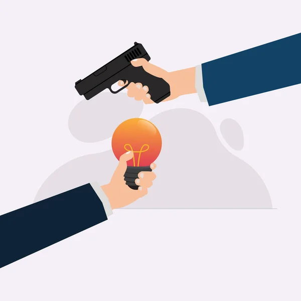 Vector Businessman Hand Holding Handgun Rob Bulb Stealing Ideas Concept — Stock Vector