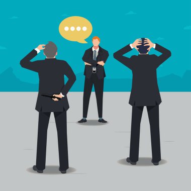 Üç işadamı çatışması. Bir tanesi arka vektör illüstrasyonunun arkasında süngü tutuyor.