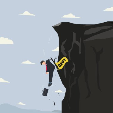 İşadamı, ağaç gövdesinde bayrak taşıyan bir vadiden düşmüş. Borç konsepti vektör illüstrasyonunun iflası