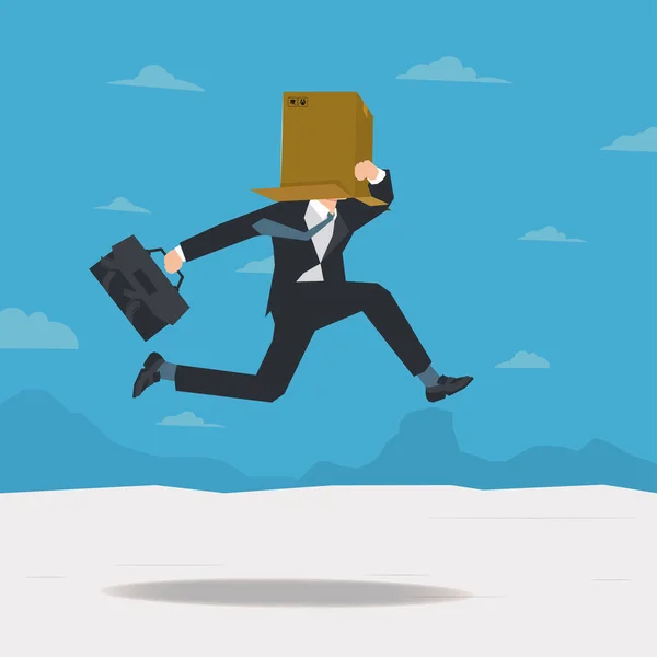 stock vector Businessman jumping with head hiding in cardboard design vector illustration