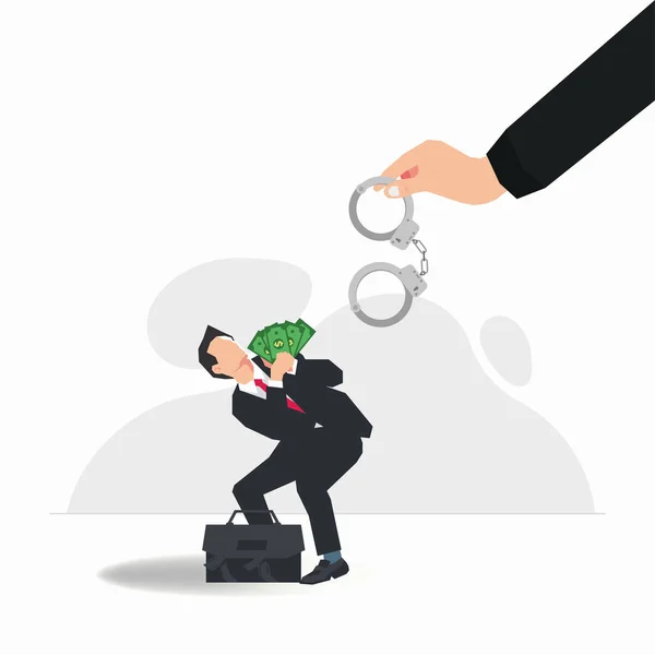 Hand Holding Metal Handcuffs Businessman Holding Some Money Detention Bribery — Stock Vector