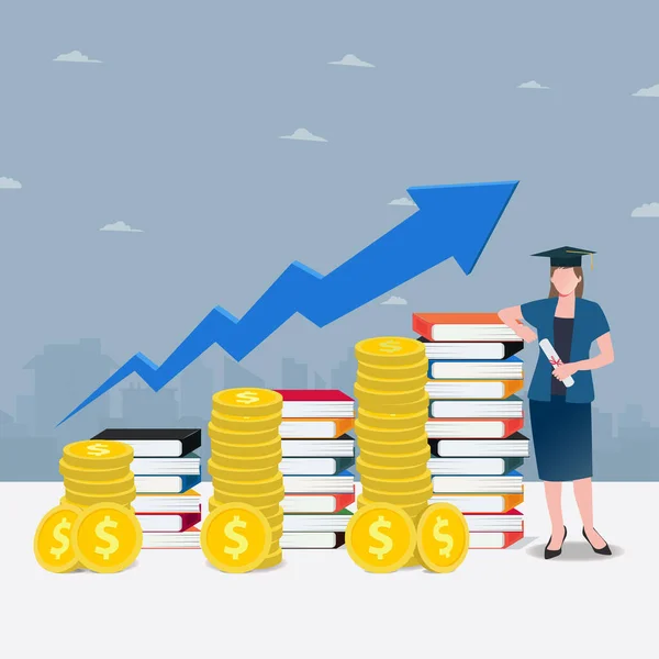Mujer Con Libros Monedas Apilados Aumento Los Costes Educativos Ilustración — Vector de stock