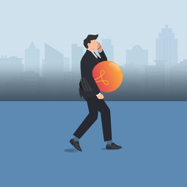 İş adamı Wikng telefonda ve ampulü tutuyor. Fikirlerle dolu vektör illüstrasyonuyla çalış