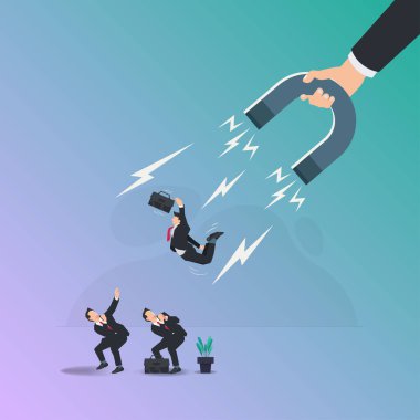 Büyük bir mıknatısı tutan iş adamını çeker. İşe alım konsepti vektör illüstrasyonu