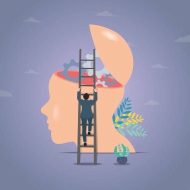 İşadamı üst kata çıkıp teçhizatı kontrol ediyor. Beyin fırtınası, açık zihin konsepti çizimi