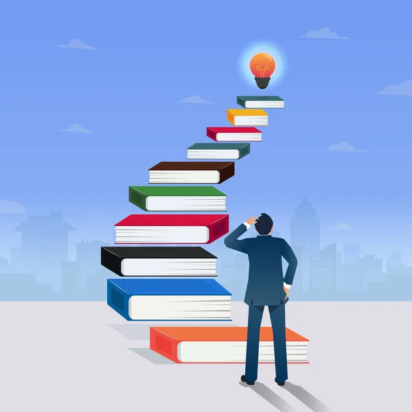 Empresários Olhando Para Escadas Livro Com Lâmpadas Topo Educação Prática — Vetor de Stock