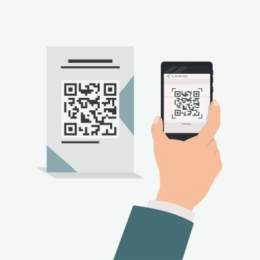 QR kod vektör illüstrasyonuyla el ele tutuşan telefon