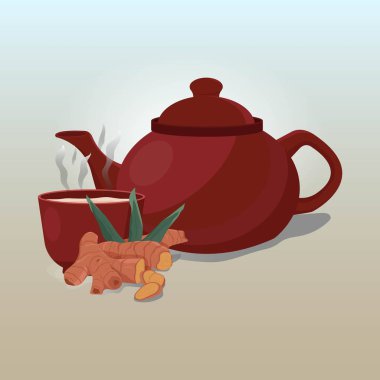 Sıcak zencefilli su resimli çaydanlık.