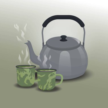 İki bardak ılık su illüstrasyonuyla çaydanlık.