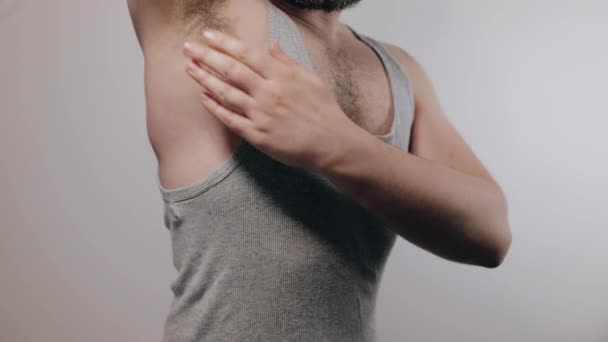 Close Slow Motion Shoot Man Touching His Hairy Armpit Showing — Video Stock
