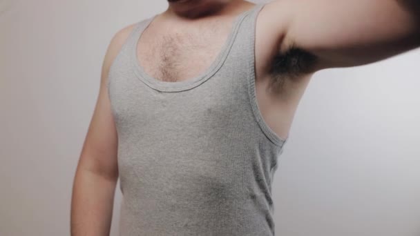 Close Slow Motion Shoot Man Touching His Hairy Armpit Showing — Vídeos de Stock