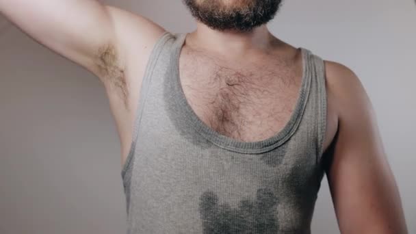 Close Slow Motion Shoot Strong Man Sweaty Shirt Touching Hairy — Stock Video