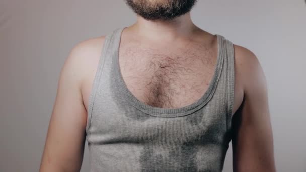 Close Slow Motion Shoot Strong Man Sweaty Shirt Touching Hairy — Vídeo de Stock