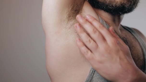 Close Slow Motion Shoot Man Shirt Soaked Sweat Heat Touching — Stockvideo