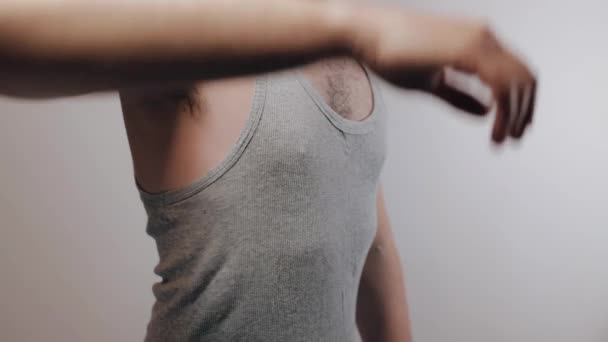 Close Slow Motion Shoot Man Touching His Hairy Armpit Procedure — Vídeos de Stock
