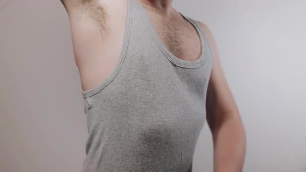 Close Slow Motion Shoot Man Touching His Hairy Armpit Showing — Stock video
