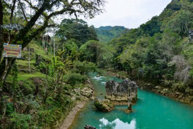 Semuc Champey 'in manzarası, Guatemala' nın Lanquin kasabası yakınlarındaki Alta Verapaz ormanlarının yoğun olduğu bir dağda bulunan doğal bir anıt. Bu doğal cennette turkuaz renkli havuzlar var. Ortadaki doğal kireçtaşı köprüsünün tepesinde duruyorlar.