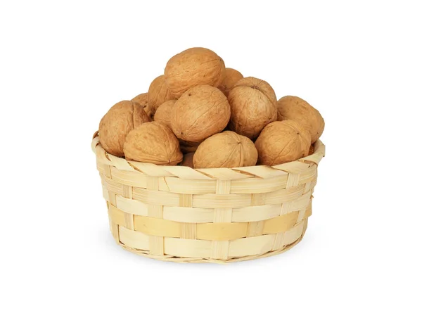 Walnuts Wicker Basket Isolated White Background — Stock Photo, Image