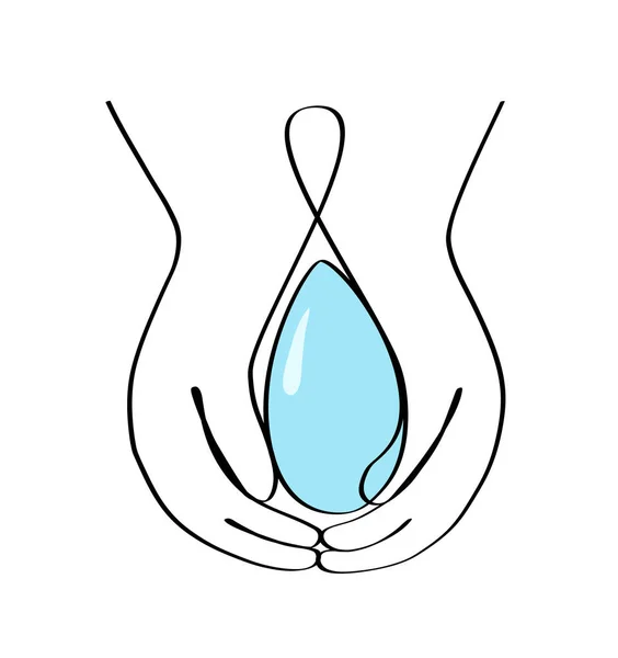 Kontinuierliche Eine Linie Zeichnung Wassertropfen Zwischen Den Händen Symbol Vektor — Stockvektor