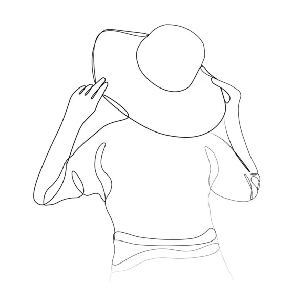在一条线上连续画一个戴帽子的女孩 现代简约主义艺术的矢量图解 美学轮廓 — 图库矢量图片