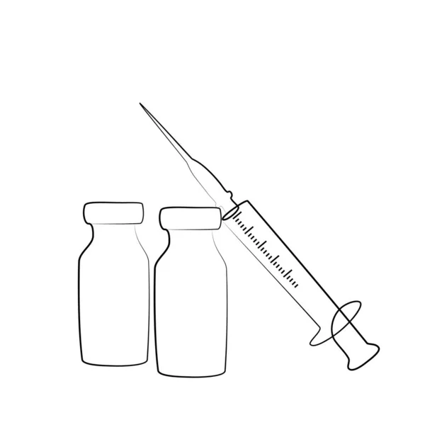 注射器とボトルの連続線画です ワクチン接種ベクターイラスト 現代のミニマリズムアート美の概要 — ストックベクタ