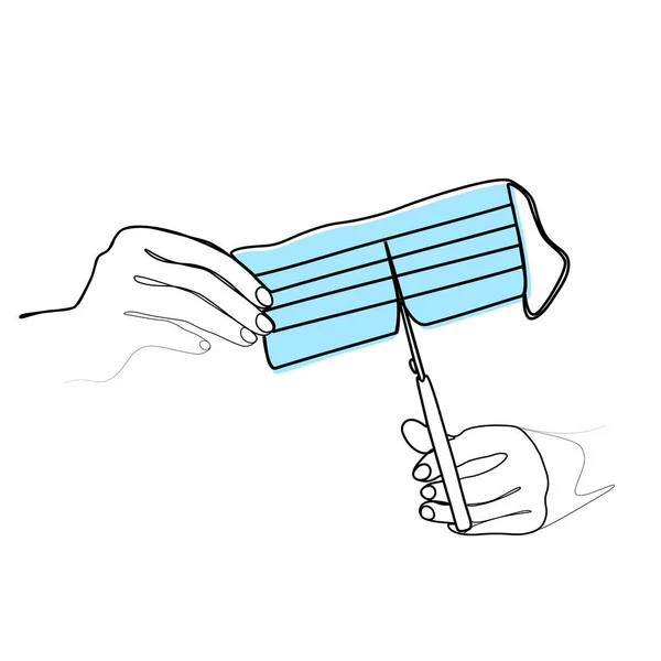 Непрерывное Рисование Ножниц Руках Разрезающих Медицинскую Маску Одну Линию Концепция — стоковый вектор