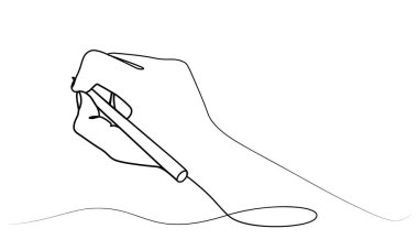 Tek çizgili bir eldeki kalemin sürekli çizimi. vektör illüstrasyonu