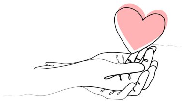 Tek sıra halinde sürekli el çizimi. Büyük ve küçük bir el ve ortasında bir kalp. aile kavramı