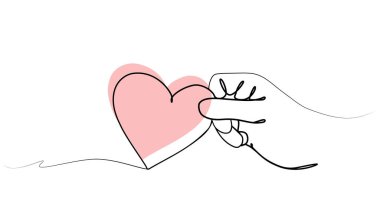 Tek sıra halinde sürekli el çizimi. Büyük ve küçük bir el ve ortasında bir kalp. aile kavramı