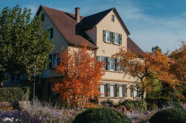 Sonbaharda bahçeli bir ev. Parktaki çiçekler. Bietigheim-Bissingen. Almanya, Avrupa. Autumn Park ve ev, hiç kimse, çalı ve çim