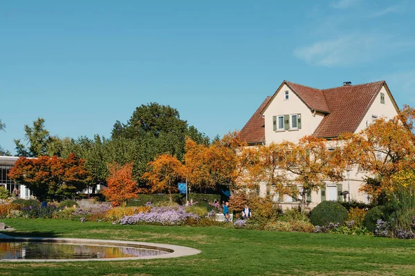 Дом Красивым Садом Осенью Цветы Парке Фабрегас Бисмарк Германия Европа — стоковое фото