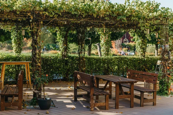 Perabotan Kebun Untuk Waktu Luang Alam Kursi Kosong Dan Meja — Stok Foto