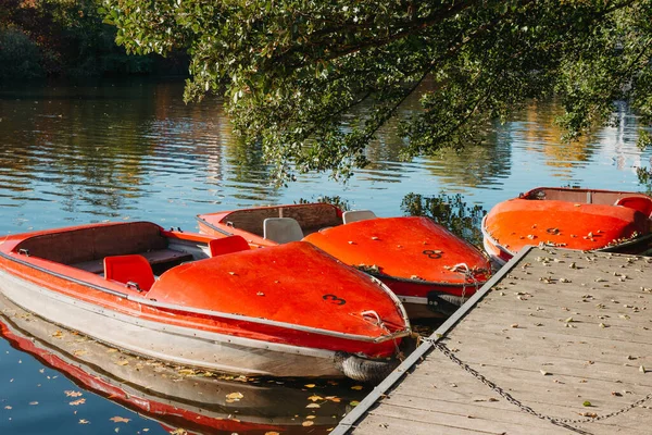在城市公园码头的水边停泊了几艘有桨的船 以便在河流 湖泊或池塘上散步 — 图库照片