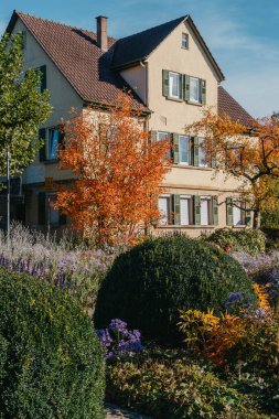 Sonbaharda bahçeli bir ev. Parktaki çiçekler. Bietigheim-Bissingen. Almanya, Avrupa. Autumn Park ve ev, hiç kimse, çalı ve çim
