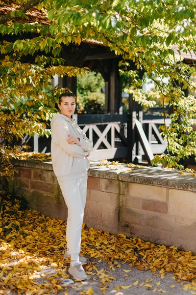 Красива Елегантна Жінка Стоїть Парку Восени Осіннє Жовте Листя Портрет — стокове фото