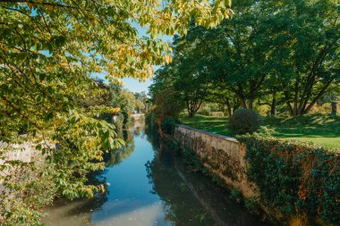 Almanya 'da Bietigheim-Bissingen' in sonbahar renklerine sahip parktaki ahşap bir köprü. Avrupa. Doğada sonbahar manzarası. Ormanda sonbahar renkleri. Nehrin üzerinde ahşap köprüyle sonbahar manzarası