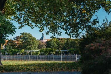 Sonbaharda bahçeli bir ev. Parktaki çiçekler. Bietigheim-Bissingen. Almanya, Avrupa. Autumn Park ve ev, hiç kimse, çalı ve çim