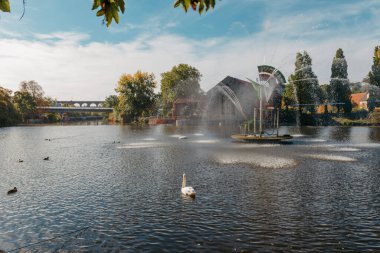 Almanya 'daki eski bir Avrupa şehrinde Bietigheim-Bissingen' de. Bietigheim-Bissingen Şehir Parkı, Baden-Wuerttemberg, Almanya, Avrupa. Autumn Park ve ev