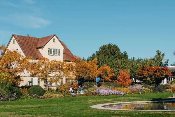 Casa Con Bel Giardino Autunno Fiori Nel Parco Bietigheim Bissingen — Foto Stock