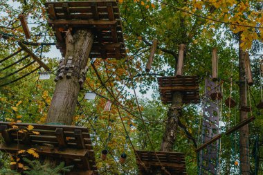 Yüksek ipler macera ağacı parkını tecrübe eder. Ağaçlardaki halat yolu parkuru. Macera halat parkına tırmanıyorum. Tahta köprü ve yüksek tel etkinliği.