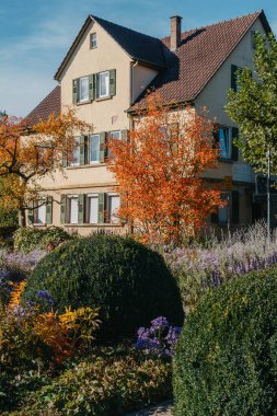 Sonbaharda bahçeli bir ev. Parktaki çiçekler. Bietigheim-Bissingen. Almanya, Avrupa. Autumn Park ve ev, hiç kimse, çalı ve çim